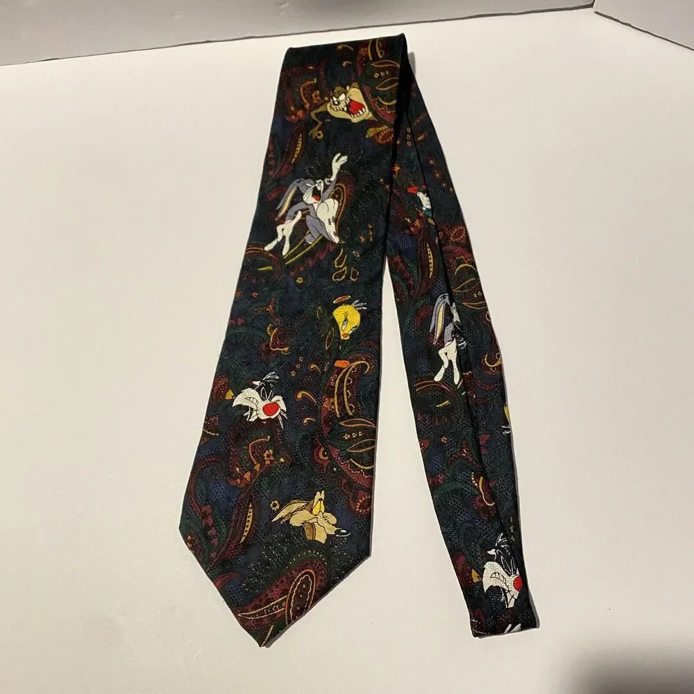 Vintage Looney Tunes Silk Tie Warner Bro Taz Daffy Bugz Sylvester‎ 90s Business
